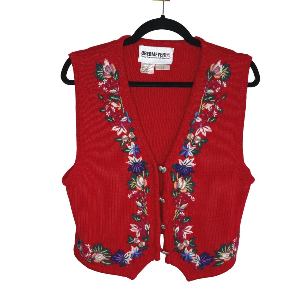 Obermeyer Floral‎ Embroidered Alpine Sweater Vest Red Wool Blend Heart Buttons M